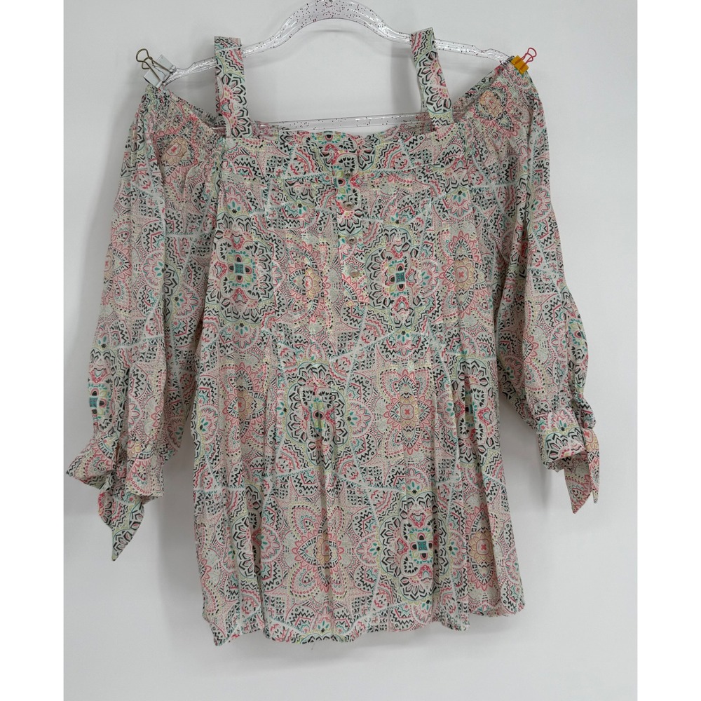 Juniper + Lime Womens Pink Green Medallion Paisley Cold Shoulder Blouse Sz M